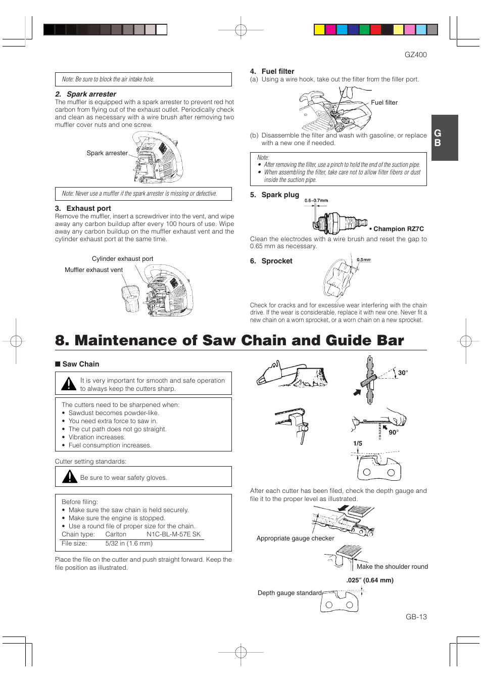 Maintenance of saw chain and guide bar | Zenoah GZ400 User Manual | Page 13 / 15