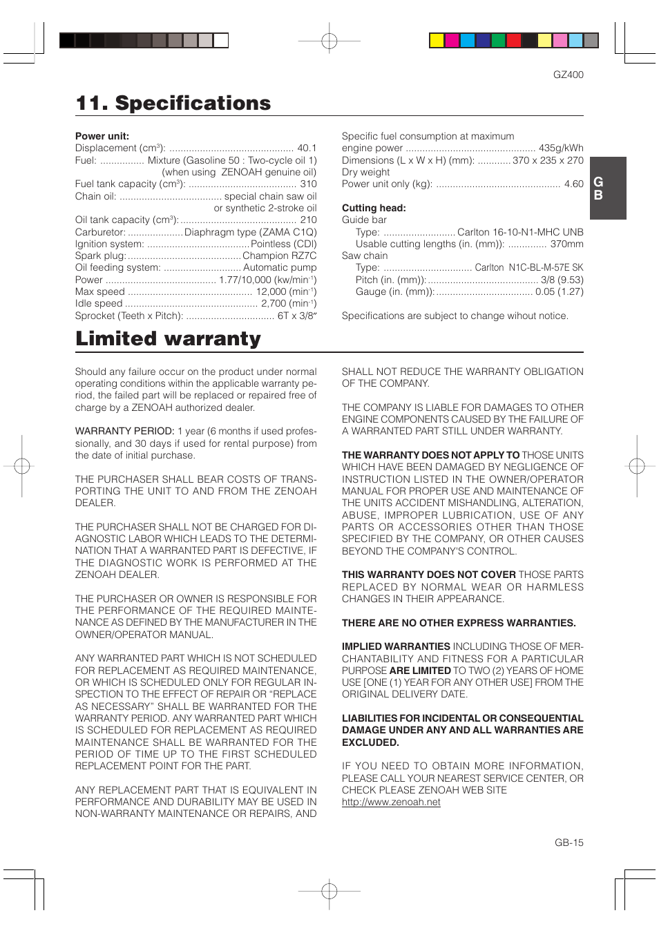 Specifications, Limited warranty | Zenoah GZ400 User Manual | Page 15 / 15