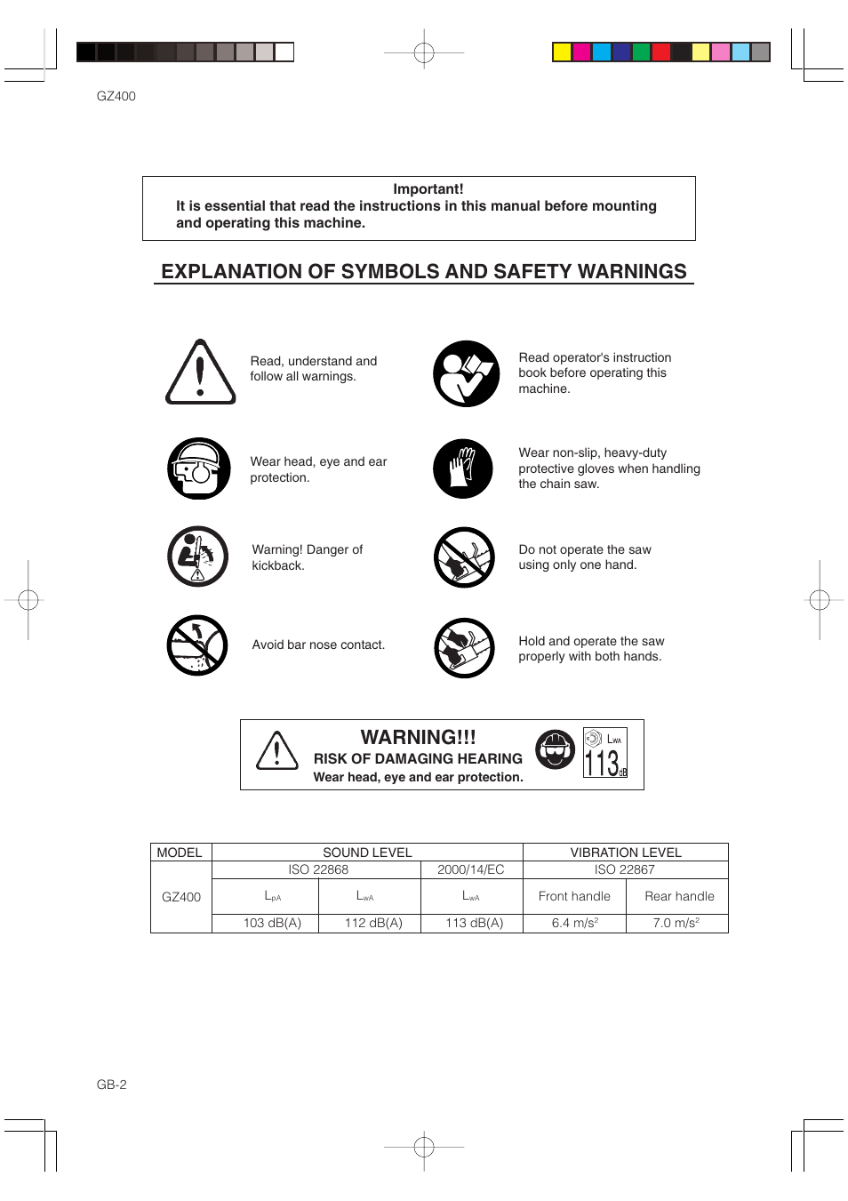 Explanation of symbols and safety warnings, Warning | Zenoah GZ400 User Manual | Page 2 / 15