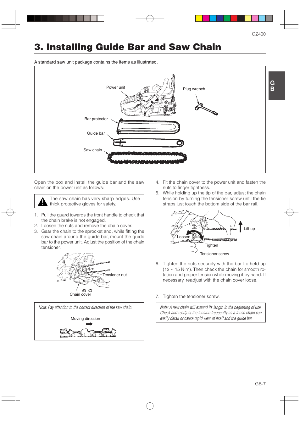 Installing guide bar and saw chain | Zenoah GZ400 User Manual | Page 7 / 15