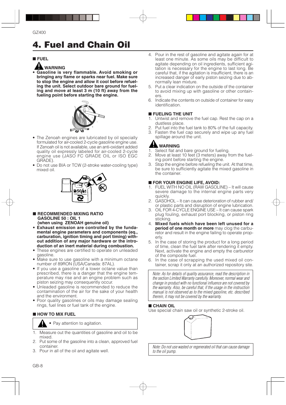 Fuel and chain oil | Zenoah GZ400 User Manual | Page 8 / 15