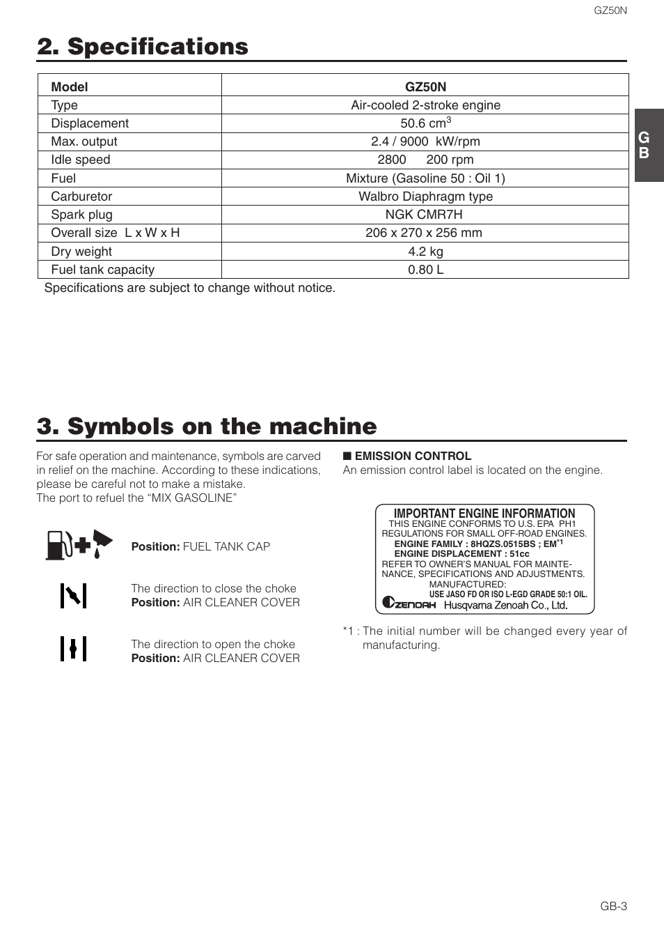 Specifications, Symbols on the machine | Zenoah GZ50N User Manual | Page 3 / 9