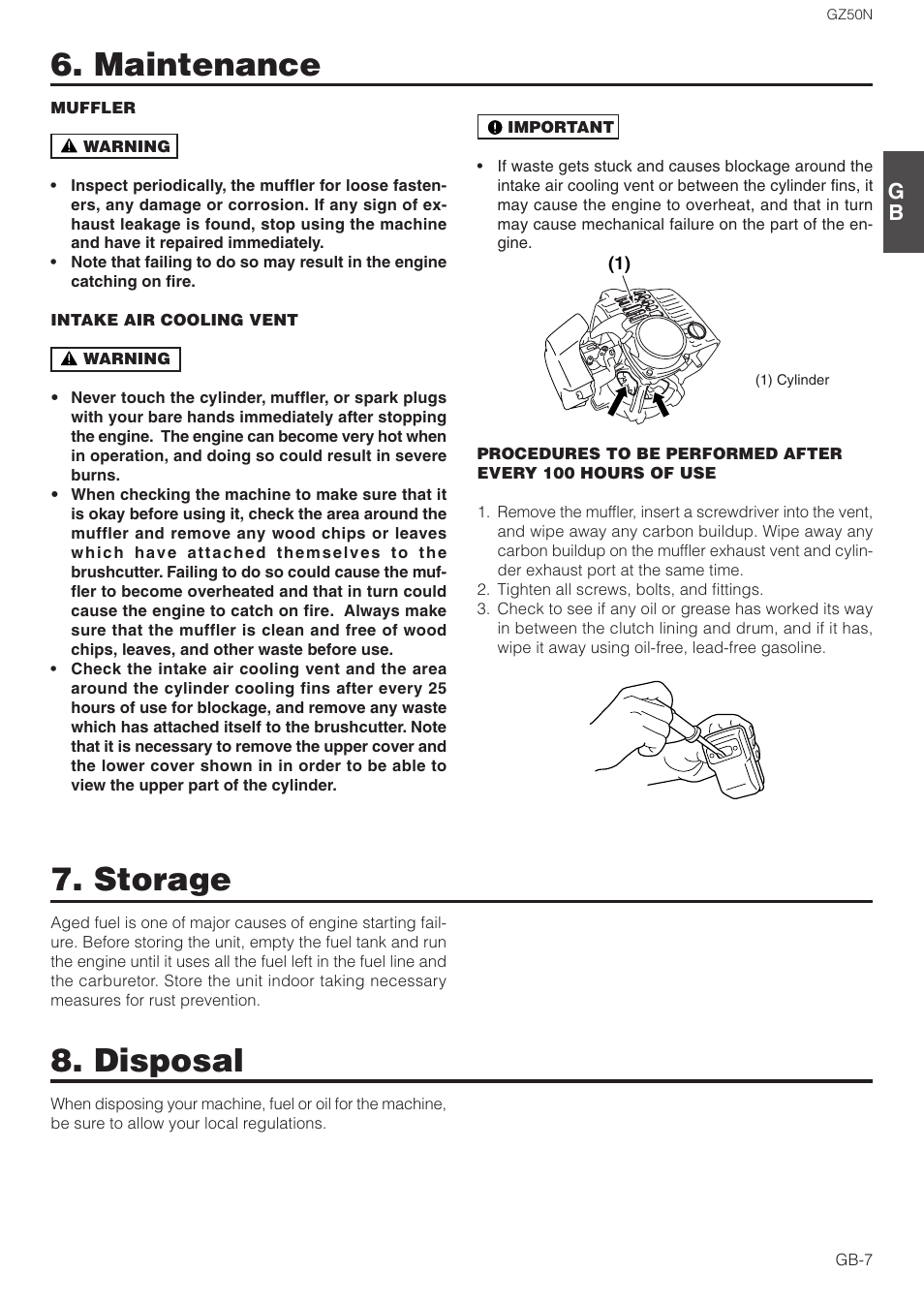Maintenance, Storage, Disposal | Zenoah GZ50N User Manual | Page 7 / 9