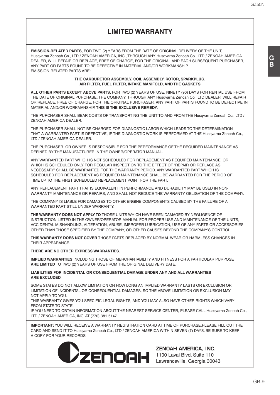 Limited warranty | Zenoah GZ50N User Manual | Page 9 / 9