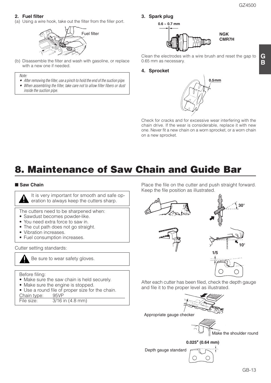 Maintenance of saw chain and guide bar | Zenoah GZ4500 User Manual | Page 13 / 15