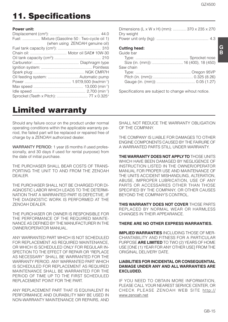 Specifications, Limited warranty | Zenoah GZ4500 User Manual | Page 15 / 15