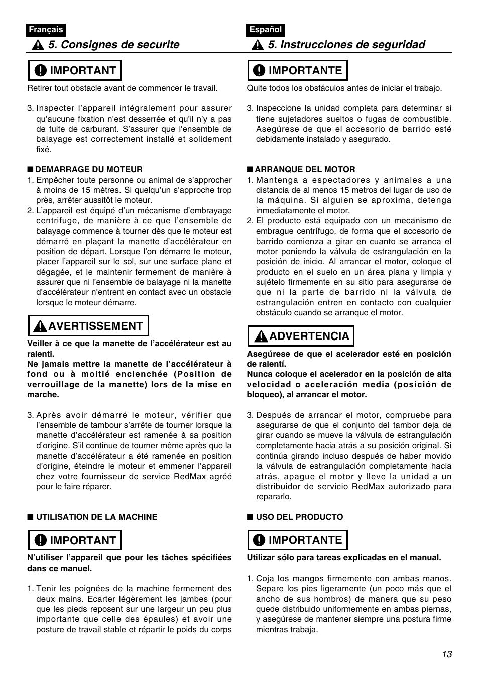 Important avertissement important | Zenoah RMNBZ2601 User Manual | Page 13 / 64