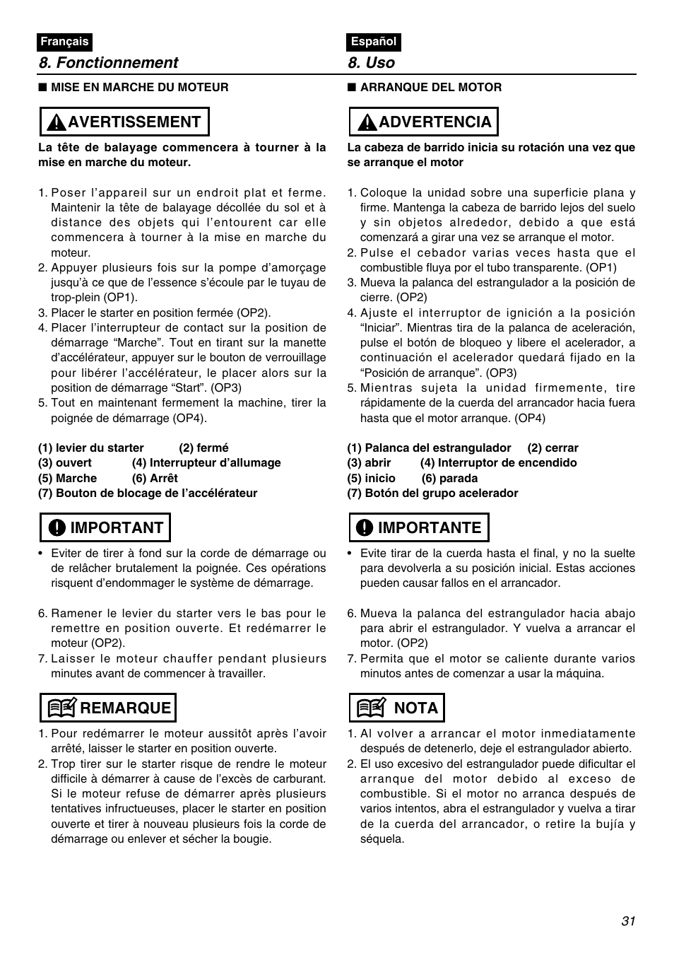 Fonctionnement 8. uso, Remarque important avertissement, Nota importante advertencia | Zenoah RMNBZ2601 User Manual | Page 31 / 64