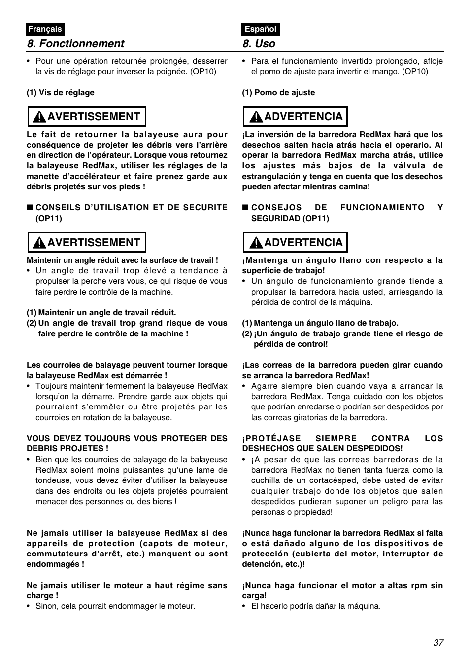 Avertissement, Advertencia, Advertencia 8. fonctionnement 8. uso | Zenoah RMNBZ2601 User Manual | Page 37 / 64