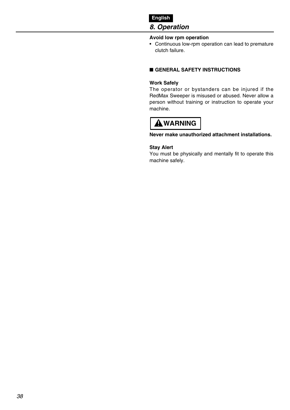 Operation, Warning | Zenoah RMNBZ2601 User Manual | Page 38 / 64