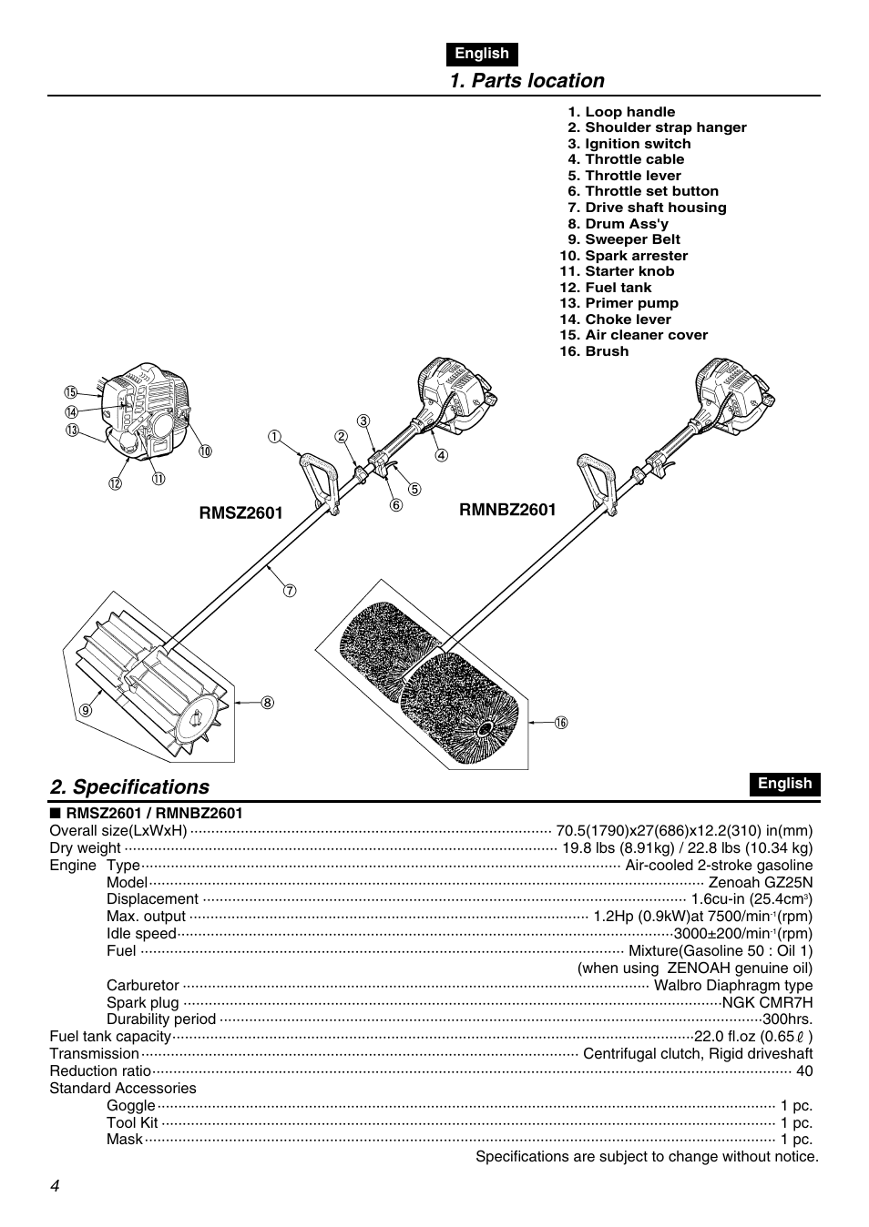 Parts location, Specifications | Zenoah RMNBZ2601 User Manual | Page 4 / 64