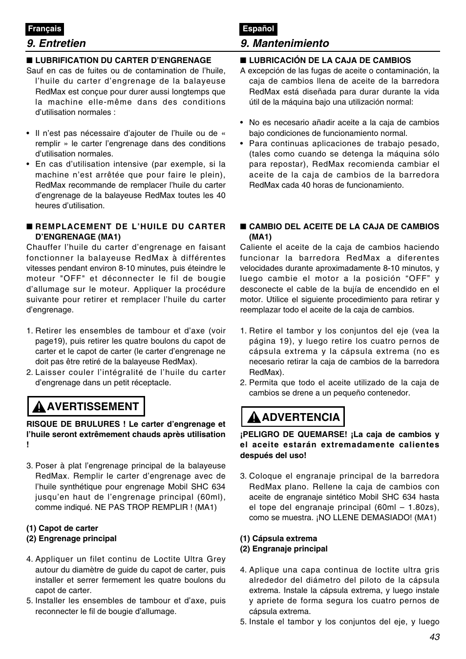 Entretien 9. mantenimiento, Avertissement, Advertencia | Zenoah RMNBZ2601 User Manual | Page 43 / 64