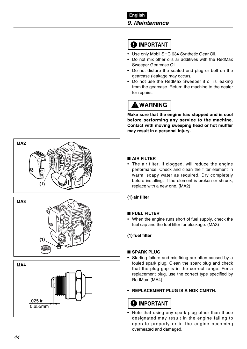 Maintenance, Important warning important | Zenoah RMNBZ2601 User Manual | Page 44 / 64