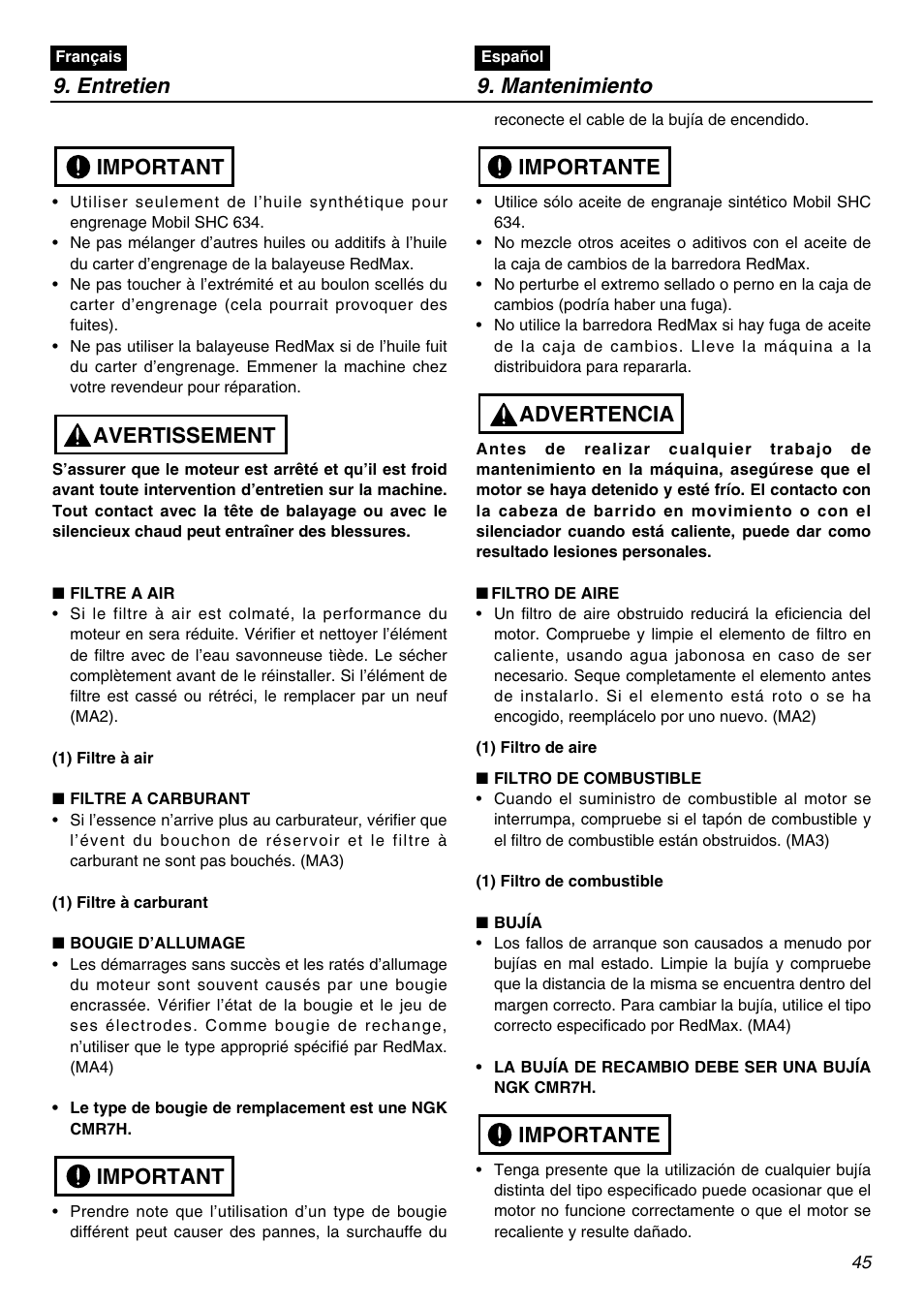 Entretien 9. mantenimiento, Important avertissement important, Importante advertencia importante | Zenoah RMNBZ2601 User Manual | Page 45 / 64