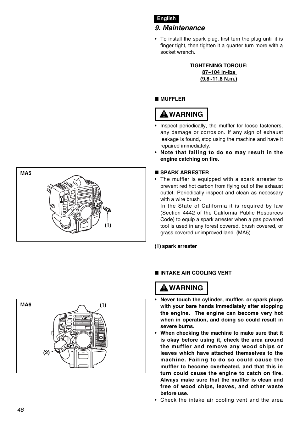 Maintenance, Warning | Zenoah RMNBZ2601 User Manual | Page 46 / 64