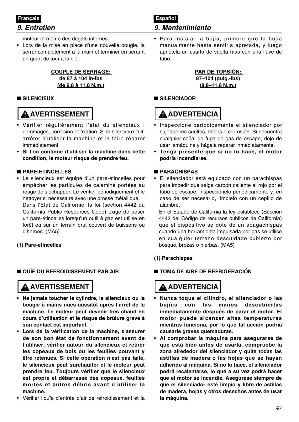 Entretien 9. mantenimiento, Avertissement, Advertencia | Zenoah RMNBZ2601 User Manual | Page 47 / 64