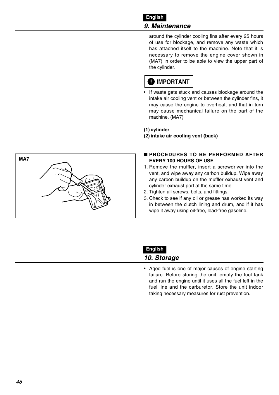 Maintenance, Important, Storage | Zenoah RMNBZ2601 User Manual | Page 48 / 64