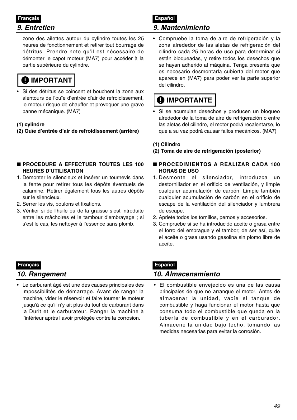 Entretien 9. mantenimiento, Important, Importante | Rangement 10. almacenamiento | Zenoah RMNBZ2601 User Manual | Page 49 / 64