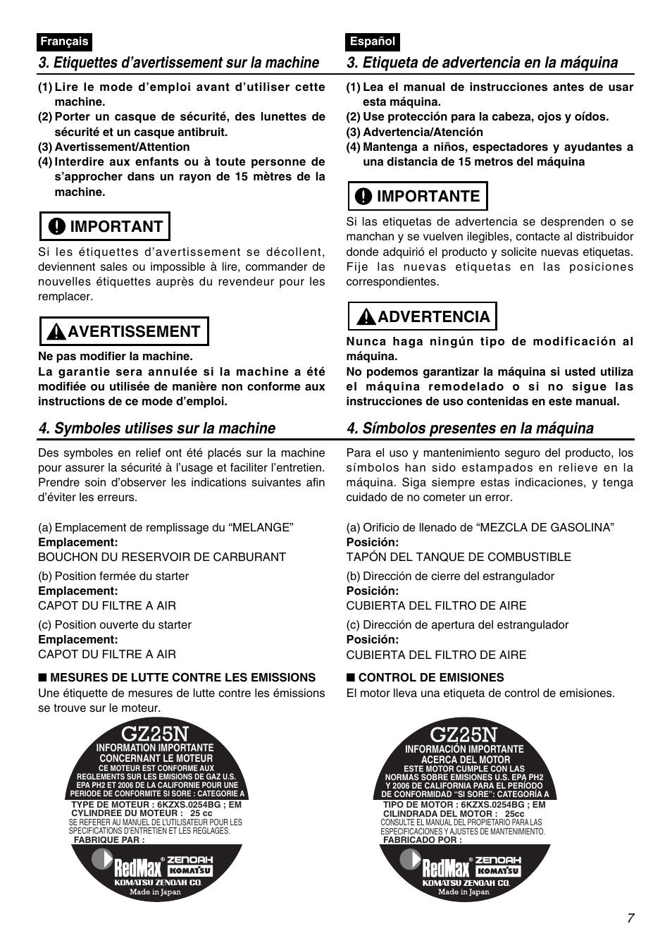 Avertissement important, Advertencia importante | Zenoah RMNBZ2601 User Manual | Page 7 / 64
