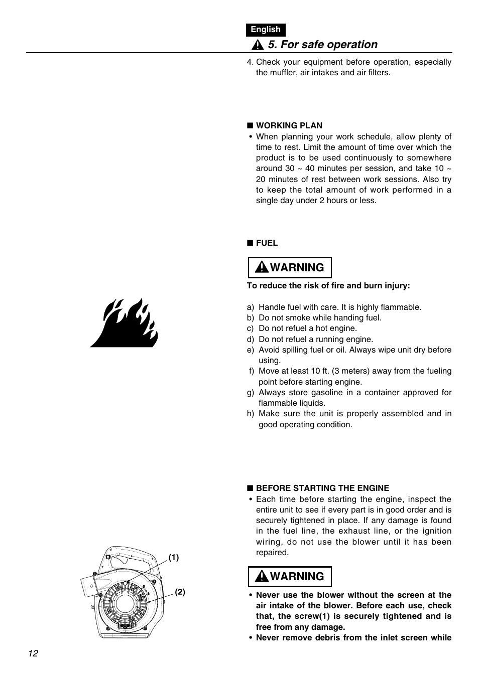 Warning, Warning 5. for safe operation | Zenoah HBZ2600 User Manual | Page 12 / 52
