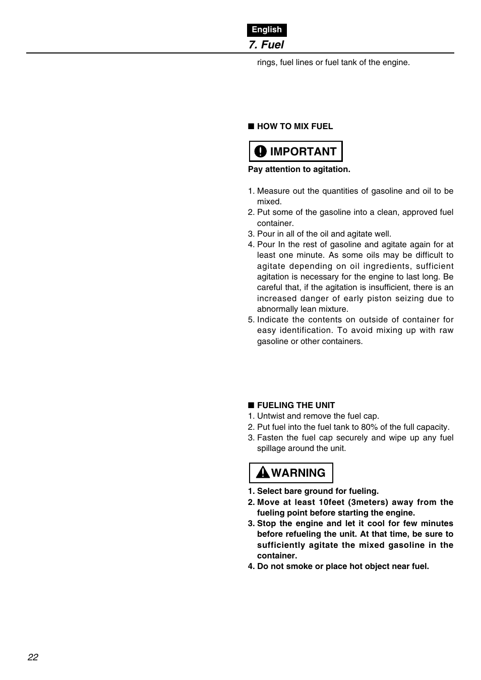 Fuel, Warning important | Zenoah HBZ2600 User Manual | Page 22 / 52