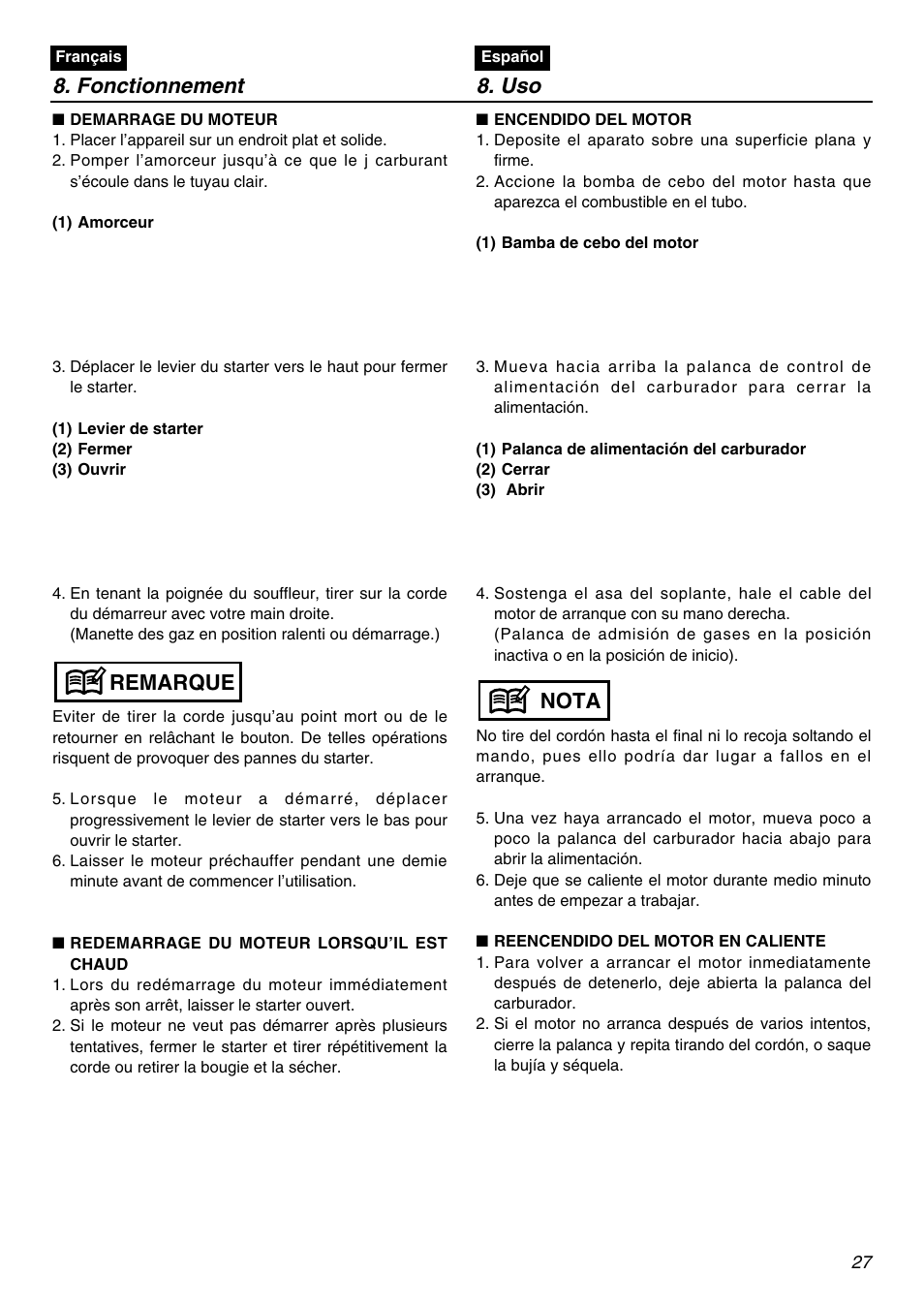 Fonctionnement 8. uso, Remarque, Nota | Zenoah HBZ2600 User Manual | Page 27 / 52