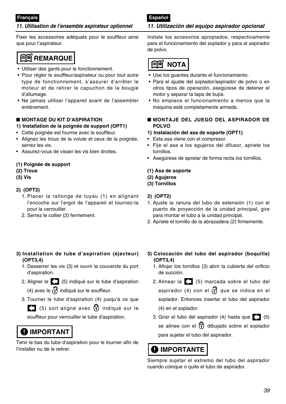 Important remarque, Importante nota | Zenoah HBZ2600 User Manual | Page 39 / 52