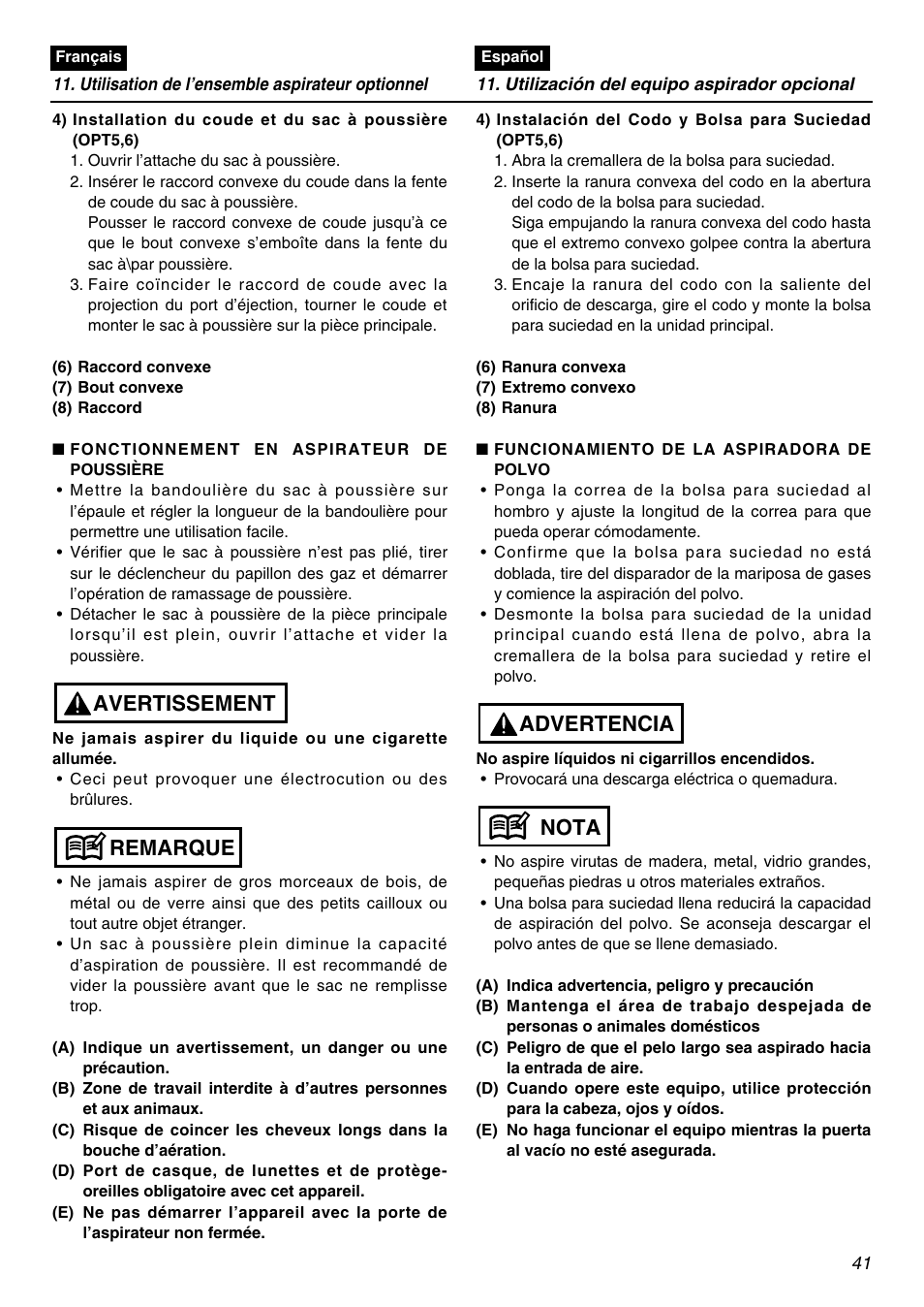 Remarque avertissement, Nota advertencia | Zenoah HBZ2600 User Manual | Page 41 / 52