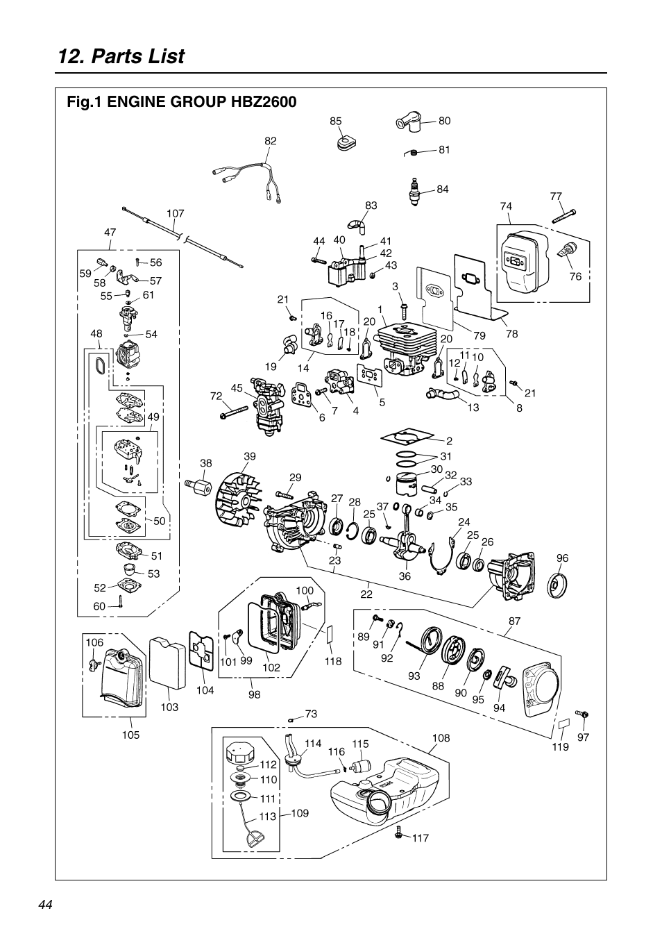 Parts list | Zenoah HBZ2600 User Manual | Page 44 / 52