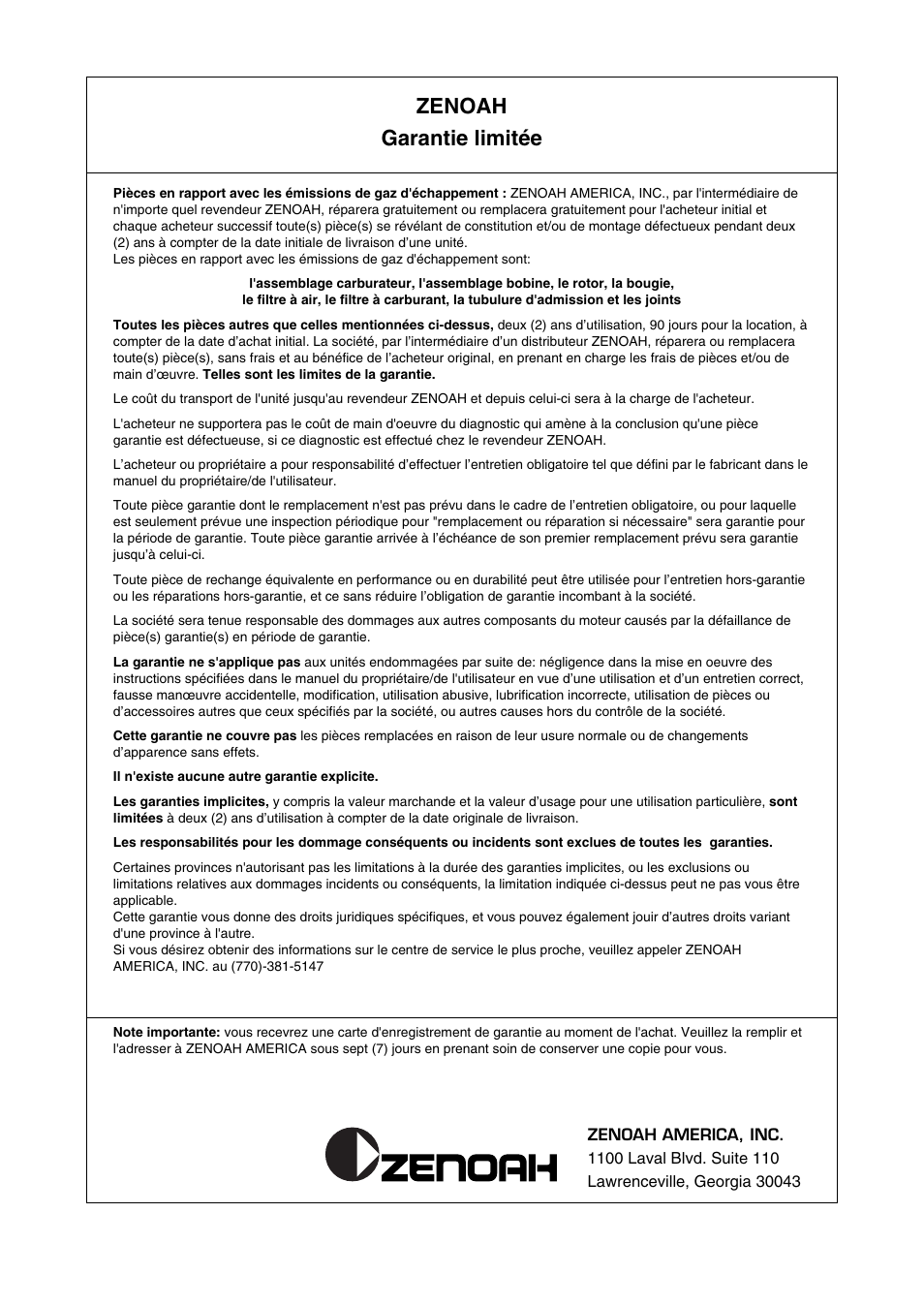 Zenoah garantie limitée | Zenoah HBZ2600 User Manual | Page 49 / 52