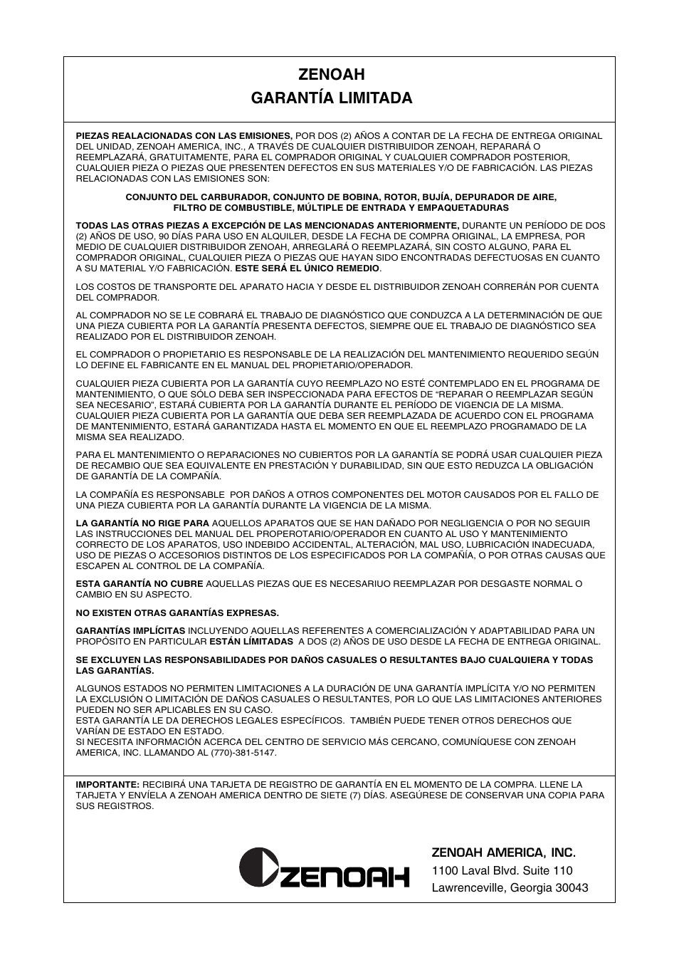 Zenoah garantía limitada | Zenoah HBZ2600 User Manual | Page 50 / 52