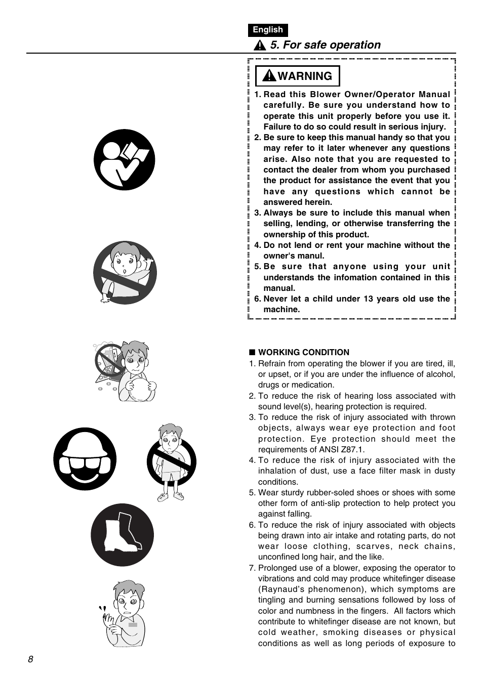 Warning, For safe operation | Zenoah HBZ2600 User Manual | Page 8 / 52