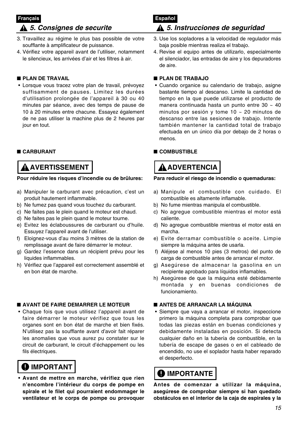 Important avertissement | Zenoah EBZ3000RH-CA User Manual | Page 15 / 60