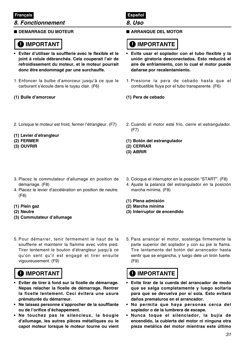 Fonctionnement 8. uso, Important, Importante | Zenoah EBZ3000RH-CA User Manual | Page 31 / 60