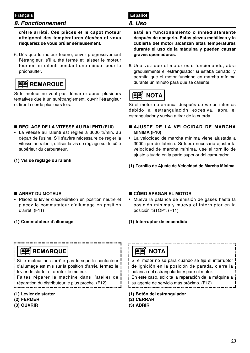 Fonctionnement 8. uso, Remarque, Nota | Zenoah EBZ3000RH-CA User Manual | Page 33 / 60