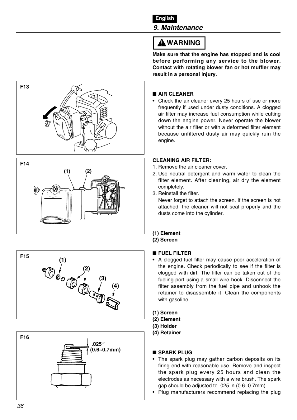 Maintenance, Warning | Zenoah EBZ3000RH-CA User Manual | Page 36 / 60