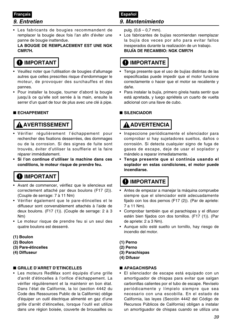 Entretien 9. mantenimiento, Important avertissement important, Importante advertencia importante | Zenoah EBZ3000RH-CA User Manual | Page 39 / 60