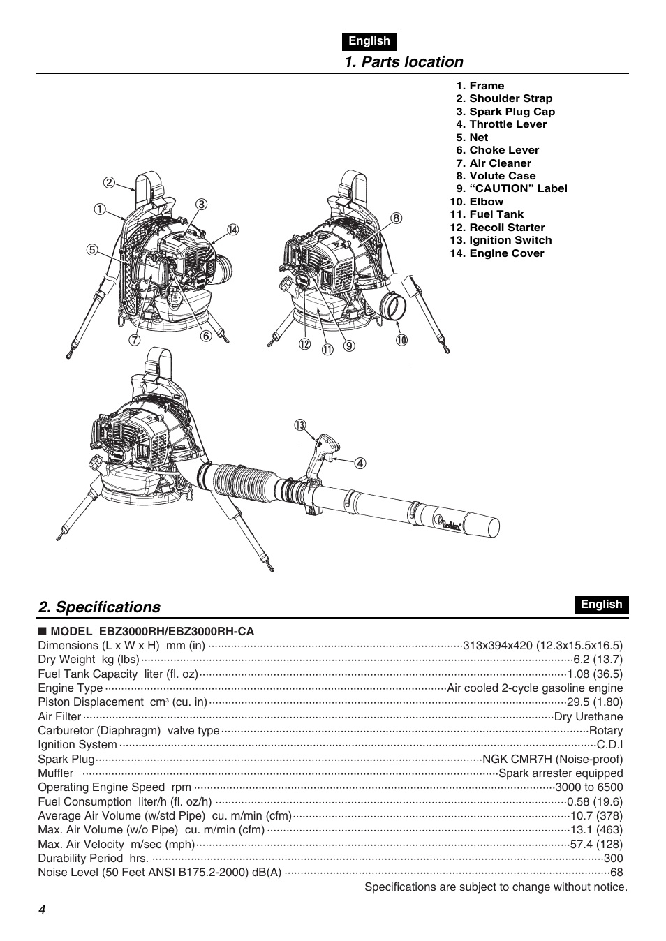 Parts location, Specifications | Zenoah EBZ3000RH-CA User Manual | Page 4 / 60