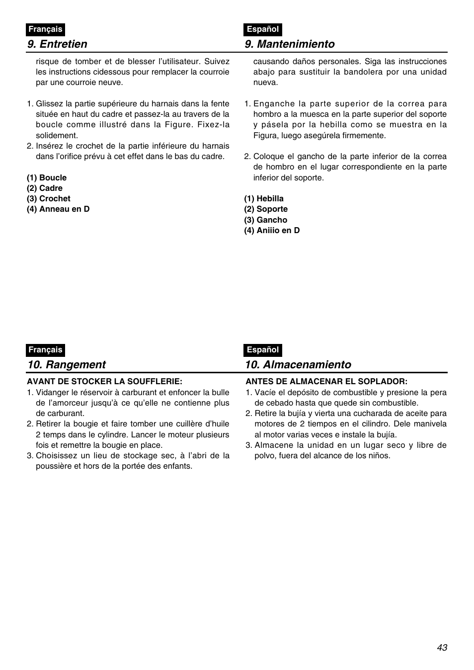 Entretien 9. mantenimiento, Rangement 10. almacenamiento | Zenoah EBZ3000RH-CA User Manual | Page 43 / 60