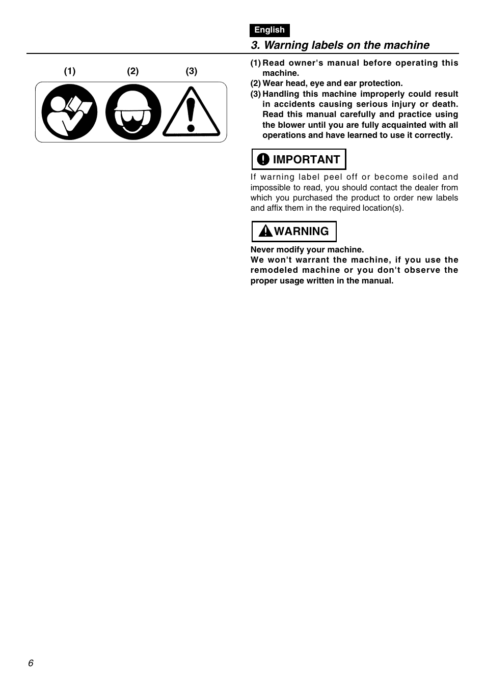 Warning labels on the machine, Warning important | Zenoah EBZ3000RH-CA User Manual | Page 6 / 60