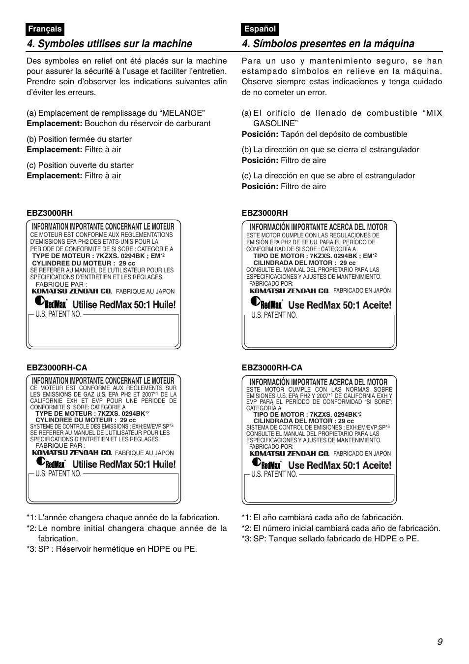 9information importante concernant le moteur, Information importante concernant le moteur, Información importante acerca del motor | Zenoah EBZ3000RH-CA User Manual | Page 9 / 60