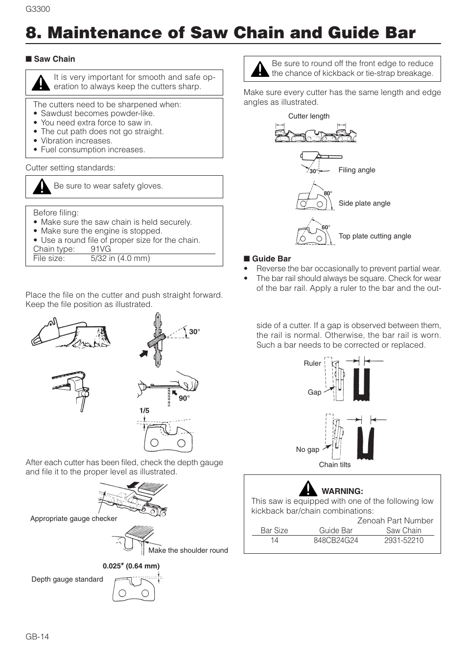 Maintenance of saw chain and guide bar | Zenoah G3300 User Manual | Page 14 / 16