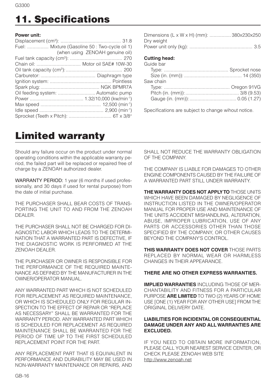 Limited warranty, Specifications | Zenoah G3300 User Manual | Page 16 / 16