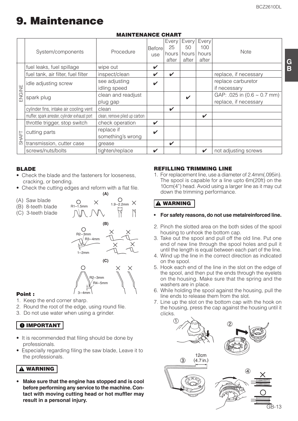 Maintenance | Zenoah BCZ2610DL User Manual | Page 13 / 16