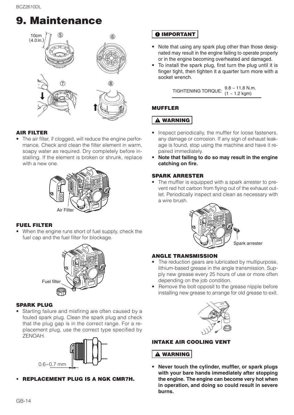 Maintenance | Zenoah BCZ2610DL User Manual | Page 14 / 16