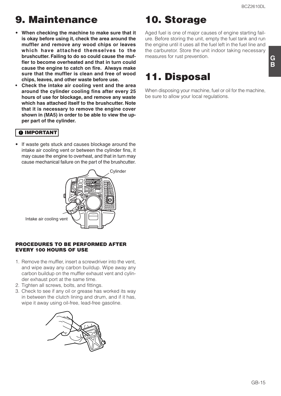 Storage, Disposal, Maintenance | Zenoah BCZ2610DL User Manual | Page 15 / 16