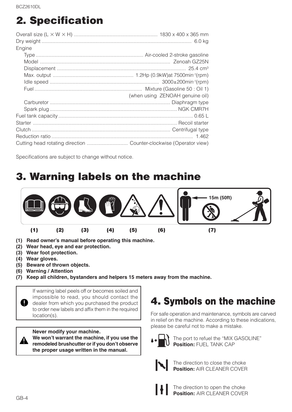 Specification | Zenoah BCZ2610DL User Manual | Page 4 / 16