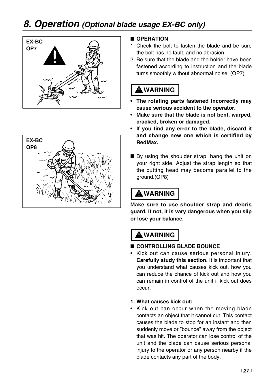 Operation, Optional blade usage ex-bc only) | Zenoah EXtremeTM EXZ2500S User Manual | Page 27 / 60