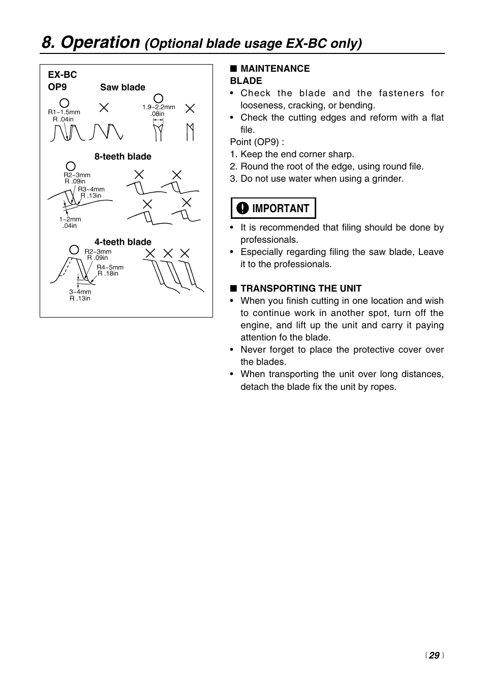 Operation, Optional blade usage ex-bc only) | Zenoah EXtremeTM EXZ2500S User Manual | Page 29 / 60