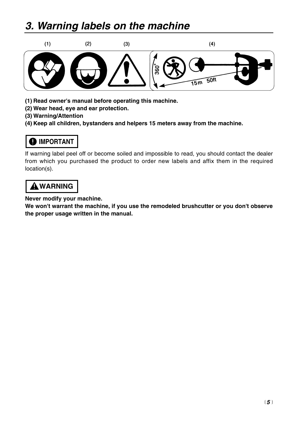 Warning labels on the machine | Zenoah EXtremeTM EXZ2500S User Manual | Page 5 / 60